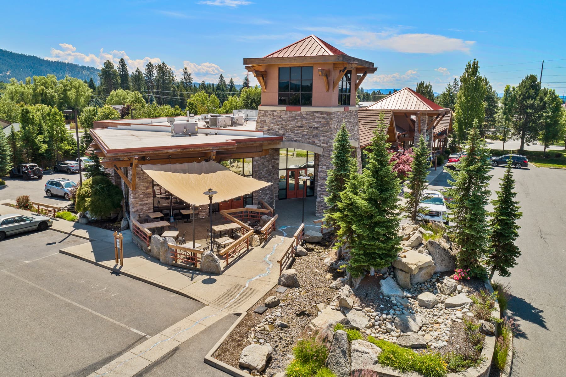 Aerial view of Hayden Creek Plaza, a North Idaho commercial property